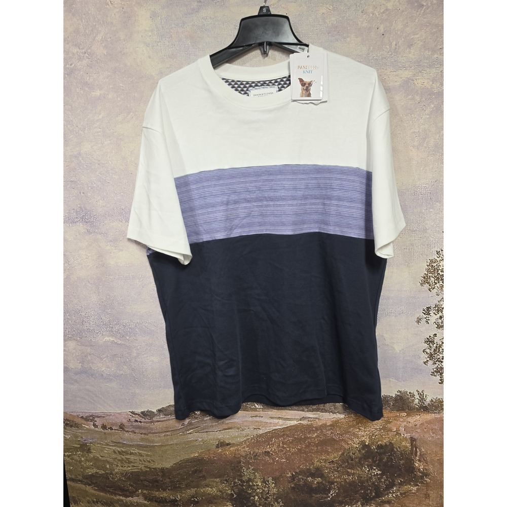 DENIM AND FLOWER Stripe Texture Crewneck T-Shirt Size Xl NWT Blue White Cotton